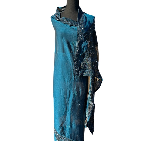 Teal chiffon women’s multi use skirt/shawl. OS W/ black gold ribboned edge - Picture 1 of 5